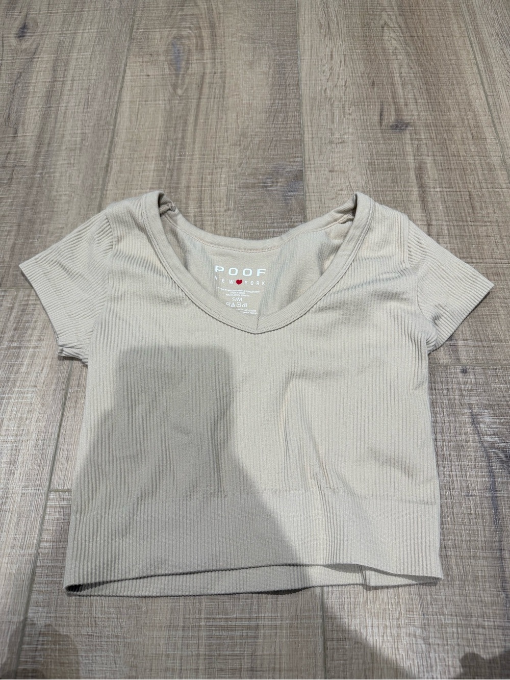 Poof! Ribbed V-Neck Short Sleeve Crop Top in Beige